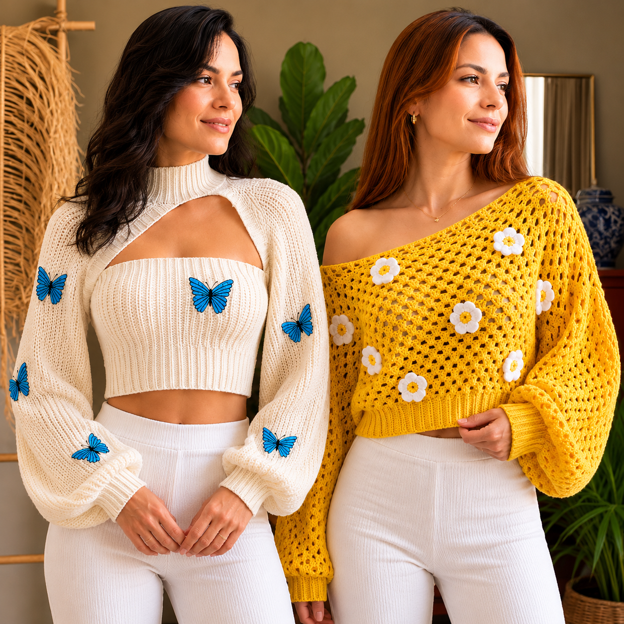 Women’s Crochet Knit Tops | Pack of 2 | Casual Loose Fit Long Sleeve Pullover
