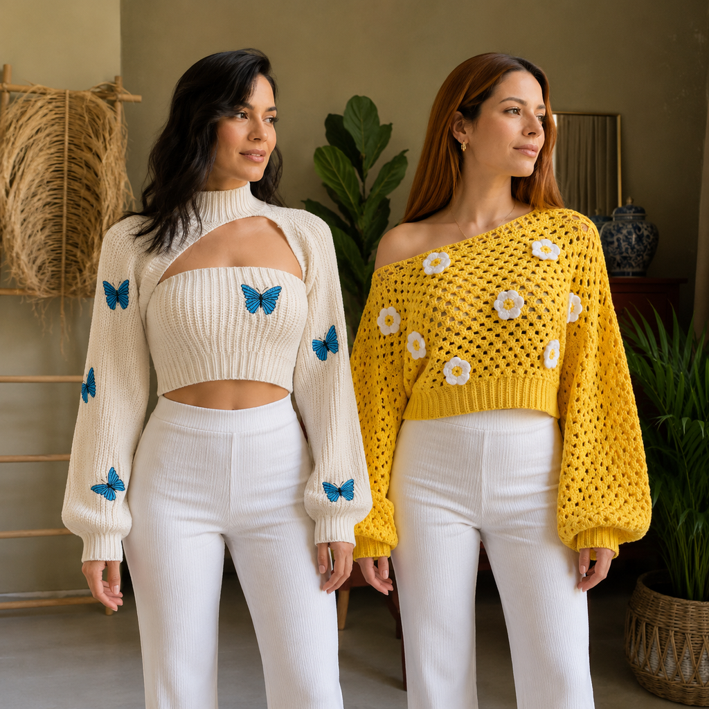 Women’s Crochet Knit Tops | Pack of 2 | Casual Loose Fit Long Sleeve Pullover
