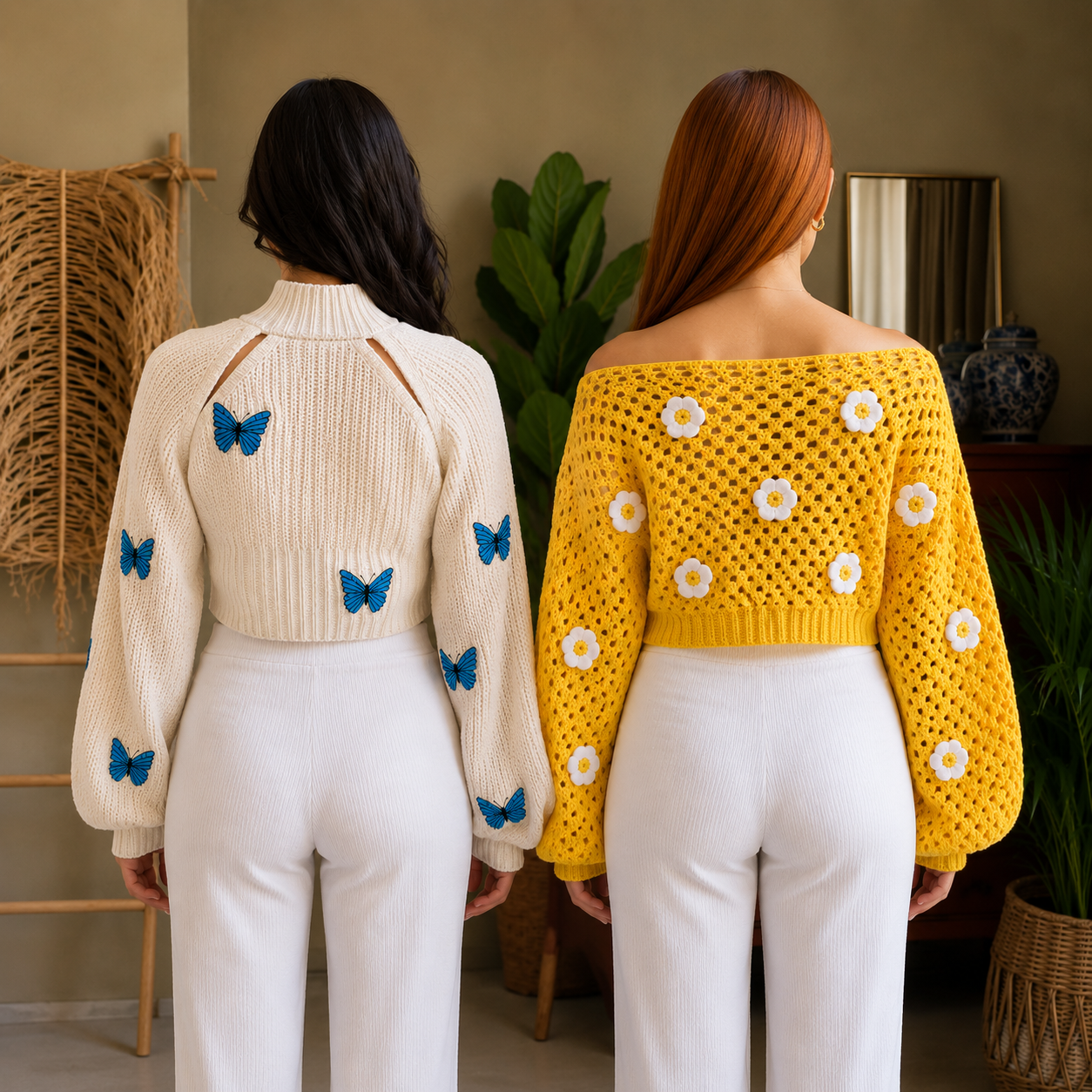 Women’s Crochet Knit Tops | Pack of 2 | Casual Loose Fit Long Sleeve Pullover