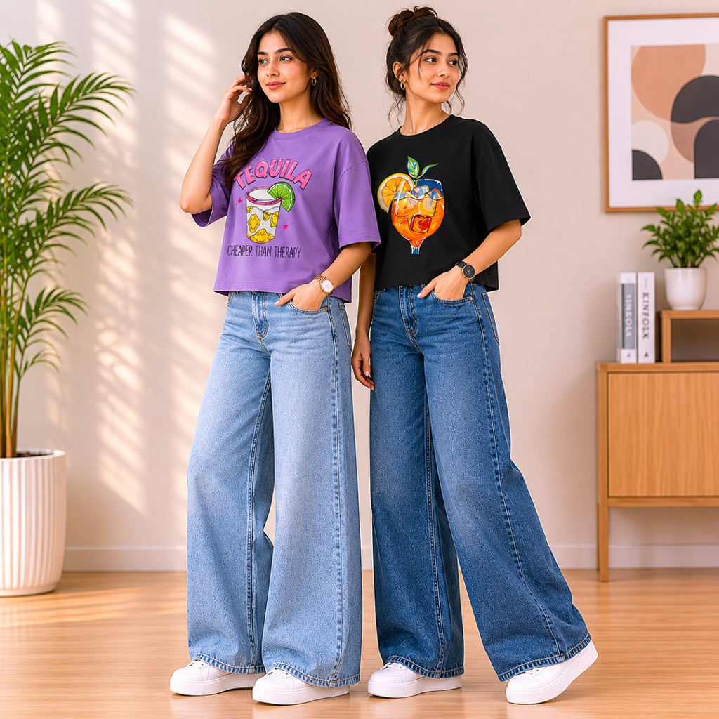 2 Pack Women’s Crop T-Shirt | Casual Oversized Graphic Tee |TT-01