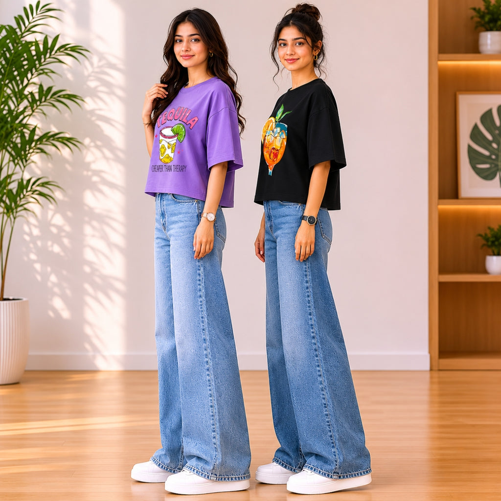 2 Pack Women’s Crop T-Shirt | Casual Oversized Graphic Tee |TT-01