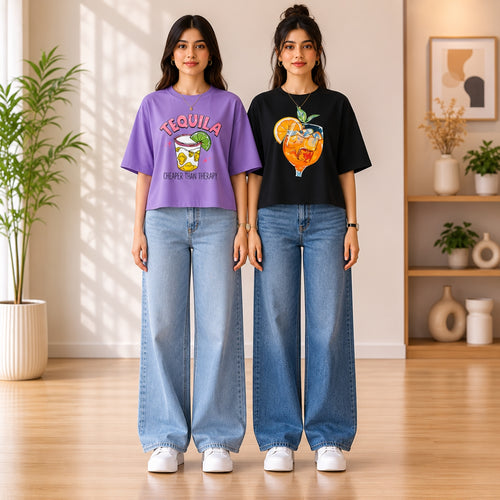 2 Pack Women’s Crop T-Shirt | Casual Oversized Graphic Tee |TT-01