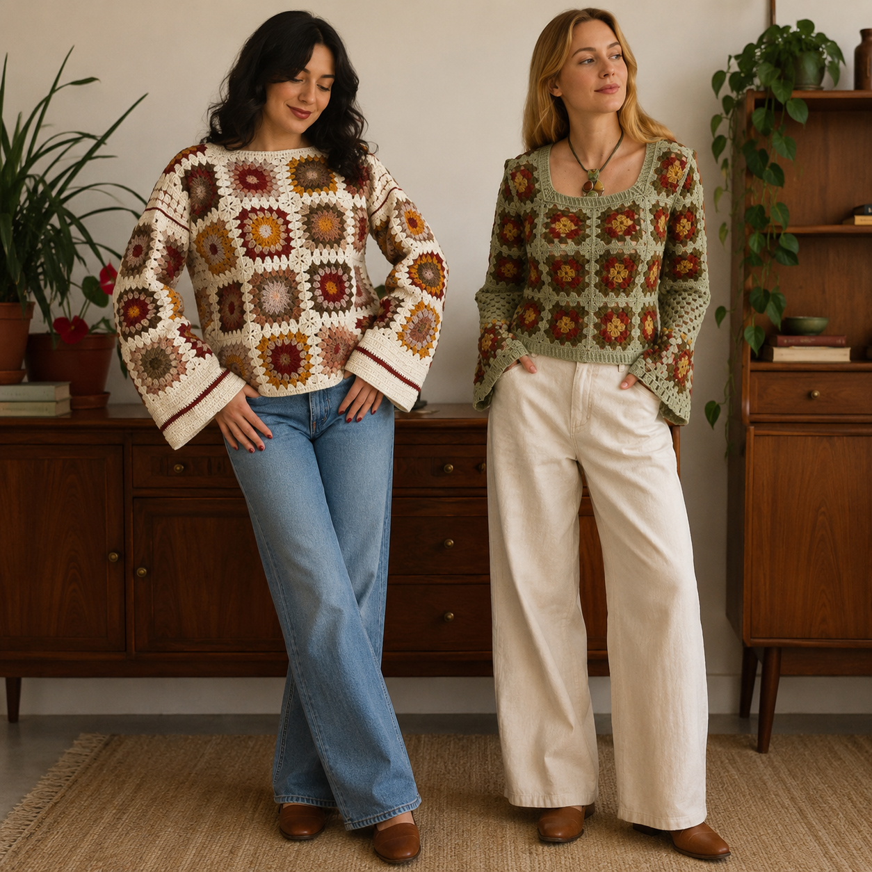 Women’s Crochet Knit Sweaters | Pack of 2 | Full Sleeve Casual Handmade Pattern Tops