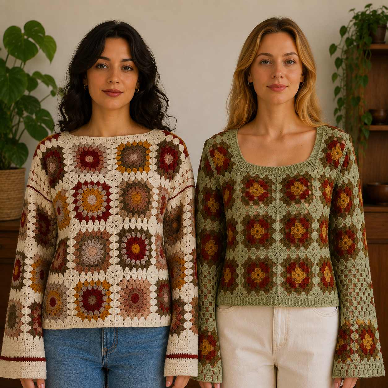 Women’s Crochet Knit Sweaters | Pack of 2 | Full Sleeve Casual Handmade Pattern Tops