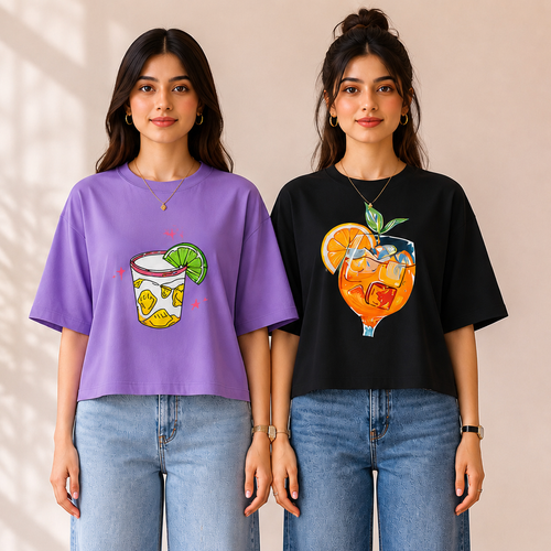 2 Pack Women’s Crop T-Shirt | Casual Oversized Graphic T-Shirts |TT-01