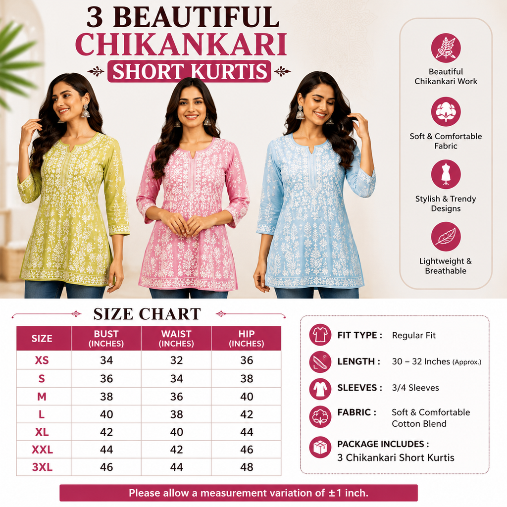 3 Chikankari Embroidery Short Kurtis | CSK-05